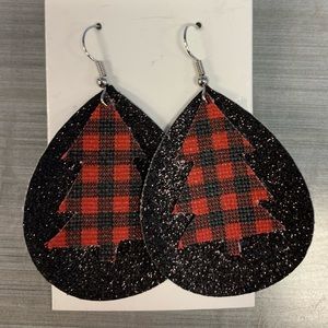 Plaid tree faux leather earrings